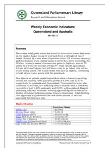 Queensland Parliamentary Library Research and Information Service Weekly Economic Indicators: Queensland and Australia[removed]