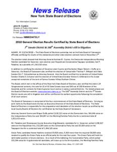 News Release New York State Board of Elections For Information Contact: