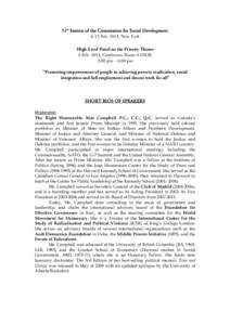 51st Session of the Commission for Social Development 6-15 Feb. 2013, New York High-Level Panel on the Priority Theme 6 Feb. 2013, Conference Room 4 (NLB) 3:00 pm – 6:00 pm 