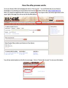 How the ePay process works Go to your library’s RSA Cat homepage and click on “My Account.” You can find the link on your library’s homepage or by selecting your home library from the list of libraries on this si