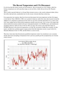 The Recent Temperature and CO2 Disconnect It is obvious that the surface records are NOT going up - they are basically in a 0.2C flatline, while Sea Surface temperatures are still somewhat rising, as you see below; (both