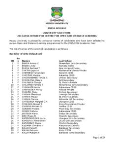 MZUZU UNIVERSITY PRESS RELEASE UNIVERSITY SELECTION: INTAKE FOR CENTRE FOR OPEN AND DISTANCE LEARNING Mzuzu University is pleased to announce names of candidates who have been selected to pursue Open and Distan