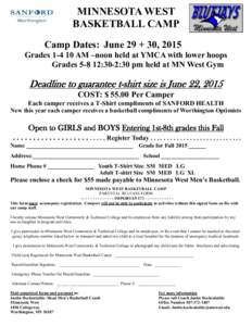 MINNESOTA WEST BASKETBALL CAMP Camp Dates: June 29 + 30, 2015 GradesAM –noon held at YMCA with lower hoops Grades:30-2:30 pm held at MN West Gym