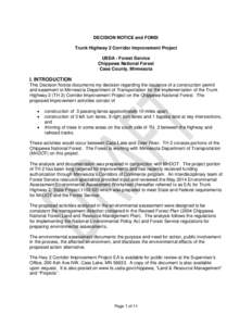 DECISION NOTICE and FONSI Trunk Highway 2 Corridor Improvement Project USDA - Forest Service Chippewa National Forest Cass County, Minnesota