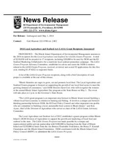 News Release RI Department of Environmental Management 235 Promenade St., Providence, RI[removed]2771 www.dem.ri.gov  For Release: Embargoed until May 1, 2014