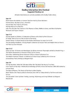 Dudley Interactive Arts Festival Suggested Reading List All books listed below are currently available at the Dudley Public Library. Ages 4-8 Bouki Dances the Kokioko: A Comical Tale from Haiti by Diane Wolkstein Xtreme 