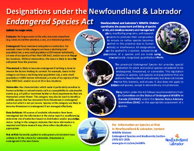 Designations under the Newfoundland & Labrador  Endangered Species Act Extinct: No longer exists. Extirpate: No longer exists in the wild, but exists elsewhere (e.g. exists in another province, a zoo, or a botanical gard