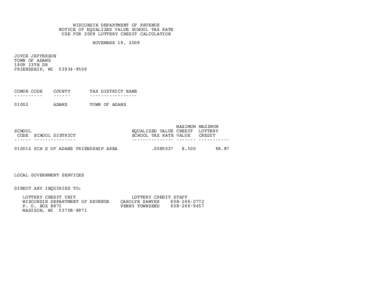 2009 Notice of Equalized Value School Tax Rate Use for Lottery Credit Calculation