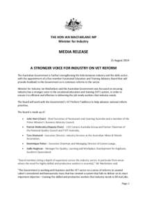THE HON IAN MACFARLANE MP Minister for Industry MEDIA RELEASE 15 August 2014