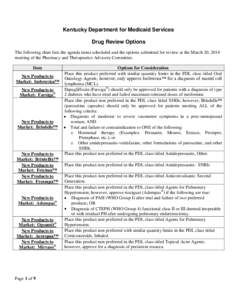 Kentucky Department for Medicaid Services Drug Review Options The following chart lists the agenda items scheduled and the options submitted for review at the March 20, 2014 meeting of the Pharmacy and Therapeutics Advis