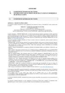 SOMMAIRE I. II. CONDITIONS GENERALES DE VENTE INFORMATION SUR LE DROIT DE RETRACTATION ET BORDEREAU