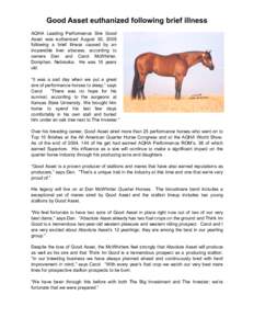 Good Asset euthanized following brief illness AQHA Leading Performance Sire Good Asset was euthanized August 30, 2005 following a brief illness caused by an inoperable liver abscess, according to owners Dan and Carol McW