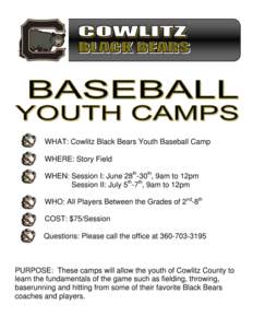 WHAT: Cowlitz Black Bears Youth Baseball Camp WHERE: Story Field WHEN: Session I: June 28th-30th, 9am to 12pm Session II: July 5th-7th, 9am to 12pm WHO: All Players Between the Grades of 2nd-8th COST: $75/Session