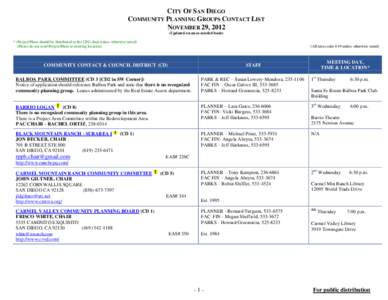 CITY OF SAN DIEGO COMMUNITY PLANNING GROUPS CONTACT LIST NOVEMBER 29, 2012 (Updated on an as-needed basis) * (Project/Plans should be distributed to the CPG chair unless otherwise noted) (Please do not send Project/Plans