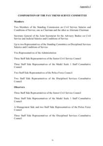 Appendix I  COMPOSITION OF THE PAY TREND SURVEY COMMITTEE Members Two Members of the Standing Commission on Civil Service Salaries and Conditions of Service, one as Chairman and the other as Alternate Chairman