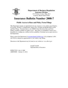 Department of Business Regulation Insurance Division 1511 Pontiac Avenue, Bldg[removed]Cranston, Rhode Island[removed]Insurance Bulletin Number[removed]