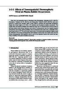 3-2-2 Effects of Transequatorial Thermospheric Wind on Plasma Bubble Occurrences SAITO Susumu and MARUYAMA Takashi Data from the ionosonde chain in Southeast Asia (Kototabang, Indonesia (0.2°S, 100.3°E), Chumphon, Thai