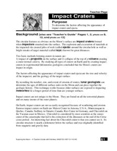 Teacher Page  Impact Craters Purpose To determine the factors affecting the appearance of impact craters and ejecta.