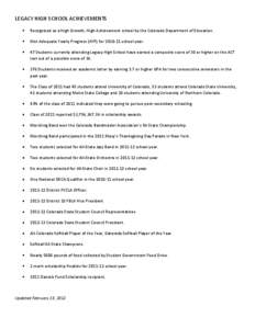 LEGACY HIGH SCHOOL ACHIEVEMENTS Recognized as a High Growth, High Achievement school by the Colorado Department of Education. Met Adequate Yearly Progress (AYP) for[removed]school year. 47 Students currently attending Le