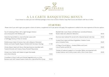 A la Carte Banqueting Menus If you choose to create your own individual package a menu must consist of Starter, Soup, Main Course and Dessert with Tea or Coffee. STARTERS Please note if you wish to give your guests a cho