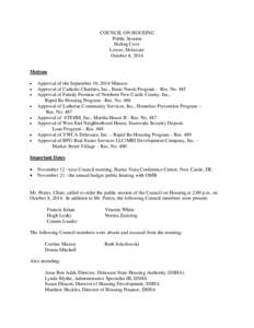 COUNCIL ON HOUSING Public Session Huling Cove Lewes, Delaware October 8, 2014 Motions