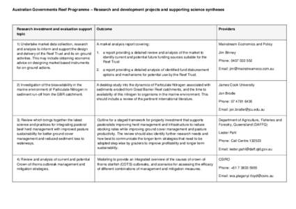 Australian Governments Reef Programme – Research and development projects and supporting science syntheses  Research investment and evaluation support topic  Outcome