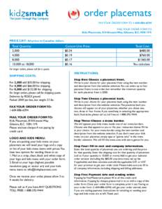 order placemats FAX YOUR ORDER FORM TO: MAIL YOUR ORDER FORM TO: Kids Placemats, 818 Kiwanis Way, Gibsons, B.C.V0N 1V9.  PRICE LIST: All prices in Canadian dollars.