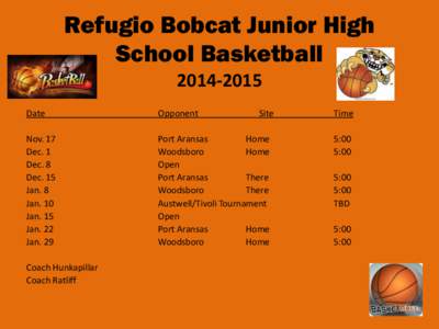 Refugio Bobcat Junior High School BasketballDate  Opponent