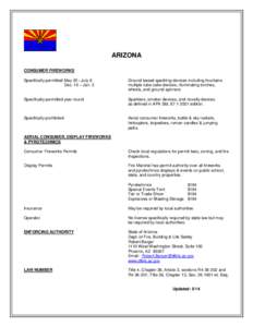 ARIZONA CONSUMER FIREWORKS Specifically permitted May 20 –July 6 Dec. 10 – Jan. 3  Ground based sparkling devices including fountains