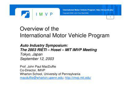 International Motor Vehicle Program: http://imvp.mit.edu/  I M V P