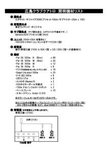 広島クラブクアトロ　照明機材リスト ◎ 調光卓 エボライト・サファイア2000(プリセット100ch/サブマスター20ch x 100） ◎ 客電調光卓 東芝ライテック　オリジナル