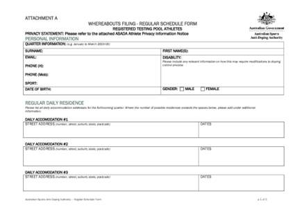 REGISTERED TESTING POOL ATHLETE WHEREABOUTS INFORMATION