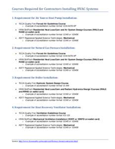 Courses Required for Contractors Installing HVAC Systems  1. Requirement for Air Source Heat Pump Installation:  • TECA Quality First Forced Air Guidelines Course o Example of accreditation number format