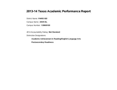 Texas Academic Performance Report District Name: PARIS ISD Campus Name: AIKIN EL Campus Number: Accountability Rating: Met Standard