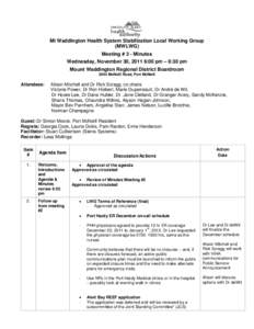 Mt Waddington Health System Stabilization Local Working Group (MWLWG) Meeting # 3 - Minutes Wednesday, November 30, 2011 6:00 pm – 8:30 pm Mount Waddington Regional District Boardroom 2044 McNeill Road, Port McNeill