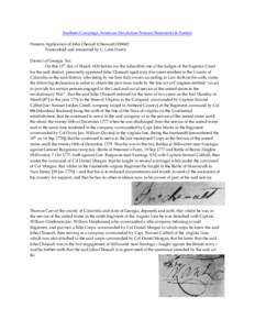 Southern Campaign American Revolution Pension Statements & Rosters Pension Application of John Chenult (Chenault) S38602 Transcribed and annotated by C. Leon Harris District of Georgia Sct. On this 15th day of March 1820