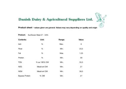 Danish Dairy & Agricultural Suppliers Ltd. Product sheet - values given are general. Values may vary depending on quality and origin Product: Sunflower Meal%