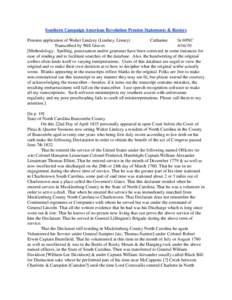 Southern Campaign American Revolution Pension Statements & Rosters Pension application of Walter Lindzey (Lindsey, Linsey) Catharine fn 69NC Transcribed by Will Graves[removed]