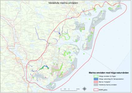 Värdefulla marina områden  Marina områden med höga naturvärden Viktiga områden för fåglar Viktiga vattendrag för fiskreproduktion Marina 