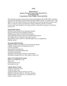 RI DEM/Fish and Wildlife- Draft Rhode Island’s Species of Greatest Conservation Need (SGCN): for inclusion in the Comprehensive State Wildlife Conservation Plan