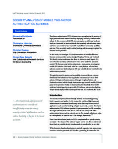 Intel® Technology Journal | Volume 18, Issue 4, 2014  Security Analysis of Mobile Two-Factor Authentication Schemes Contributors Alexandra Dmitrienko