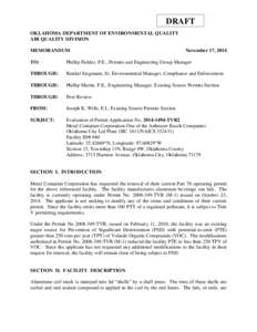 DRAFT OKLAHOMA DEPARTMENT OF ENVIRONMENTAL QUALITY AIR QUALITY DIVISION MEMORANDUM  November 17, 2014