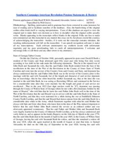 Southern Campaign American Revolution Pension Statements & Rosters Pension application of John Bush W4626 (Susannah Alexander, former widow) fn75NC Transcribed by Will Graves[removed]Methodology: Spelling, punctuation 