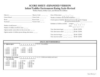 SCORE SHEET—EXPANDED VERSION Infant/Toddler Environment Rating Scale–Revised Thelma Harms, Debby Cryer, and Richard M. Clifford Observer: ___________________________________ Observer Code: ___ ___ ___  Date of Observ