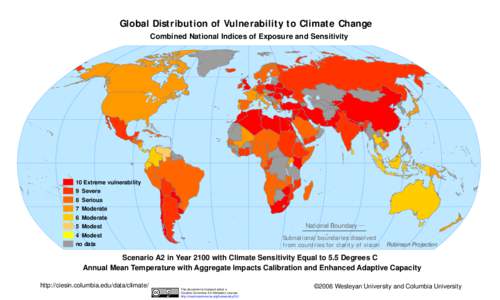 Global Distribution of Vulnerability to Climate Change Combined National Indices of Exposure and Sensitivity 10 Extreme vulnerability 9 Severe 8 Serious