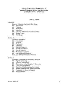 College of Micronesia-FSM Policies on Betelnut, Tobacco, Alcohol and Illicit Drugs and the Prohibition of Violence Table of Contents Section A.