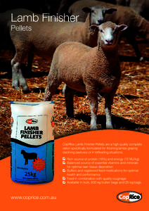 Lamb Finisher Pellets CopRice Lamb Finisher Pellets are a high quality complete ration specifically formulated for finishing lambs grazing declining pastures or in lotfeeding situations.