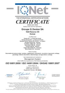 CERTIFICATE IQNet and SQS hereby certify that the organisation  Groupe G. Dentan SA