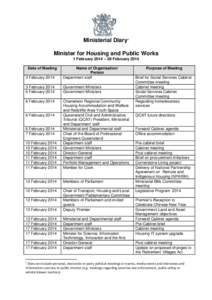 Ministerial Diary1 Minister for Housing and Public Works 1 February 2014 – 28 February 2014 Date of Meeting 3 February 2014