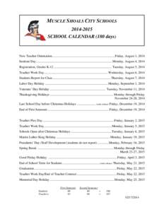 MUSCLE SHOALS CITY SCHOOLS[removed]SCHOOL CALENDAR (180 days) New Teacher Orientation ..............................................................................Friday, August 1, 2014 Institute Day .................